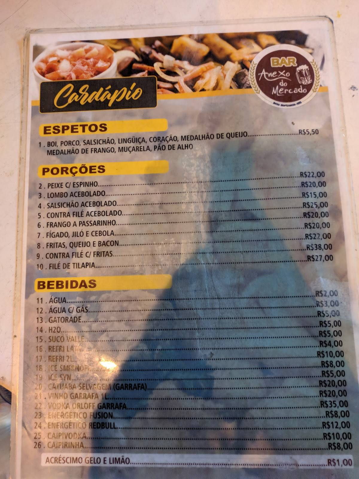 Anexo do Mercado cardápio