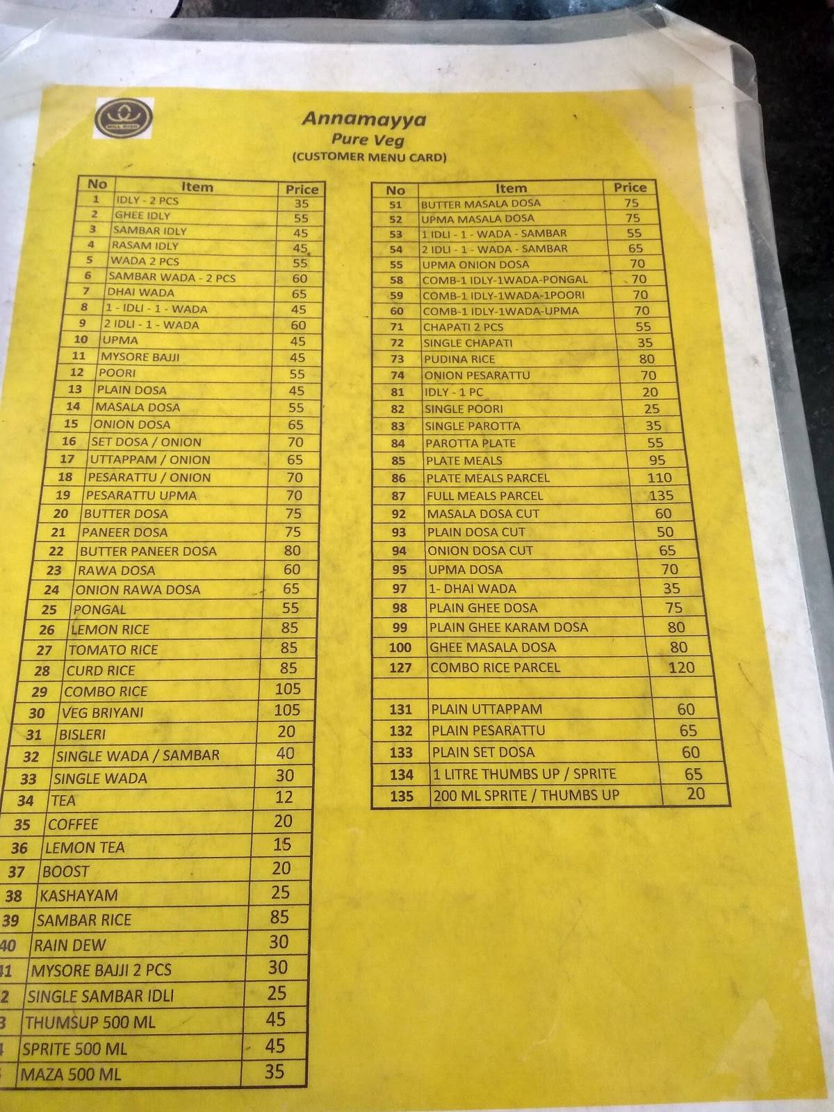 Annamayya Pure Veg menu