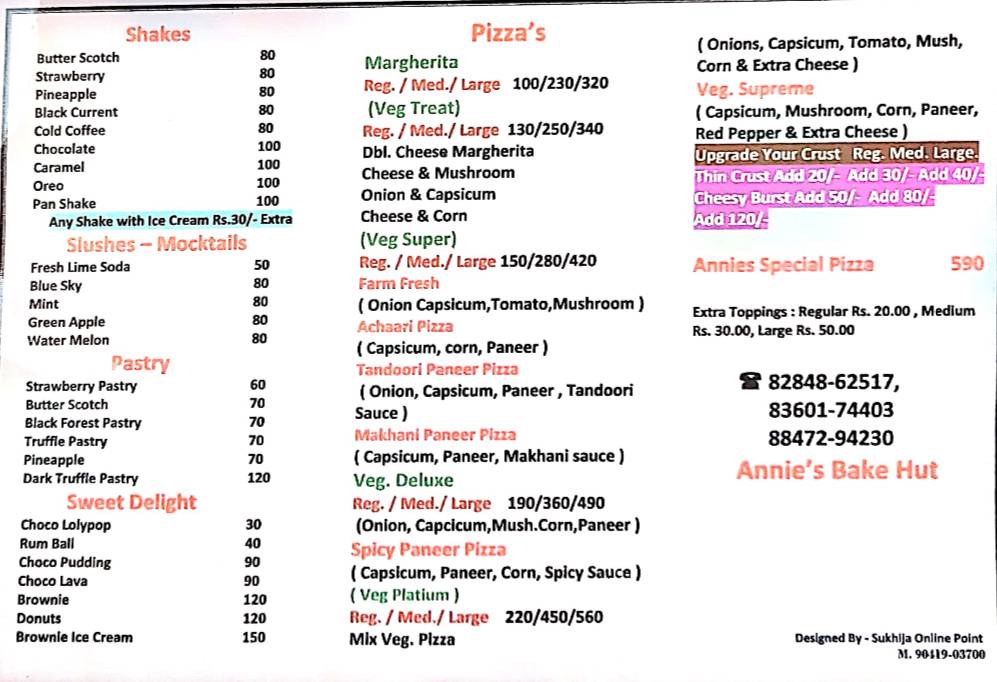 Annie’s Bake Hut menu
