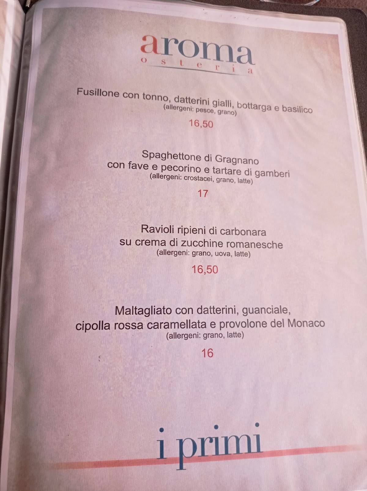 Menu di Aroma Osteria 