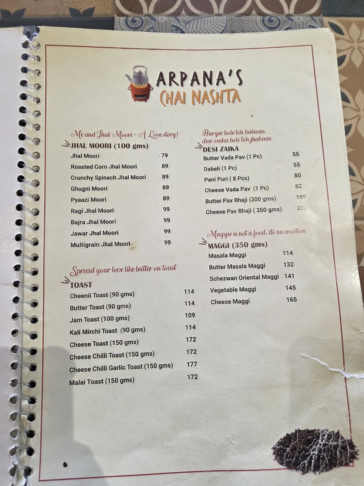 Arpana's Chai Nashta menu