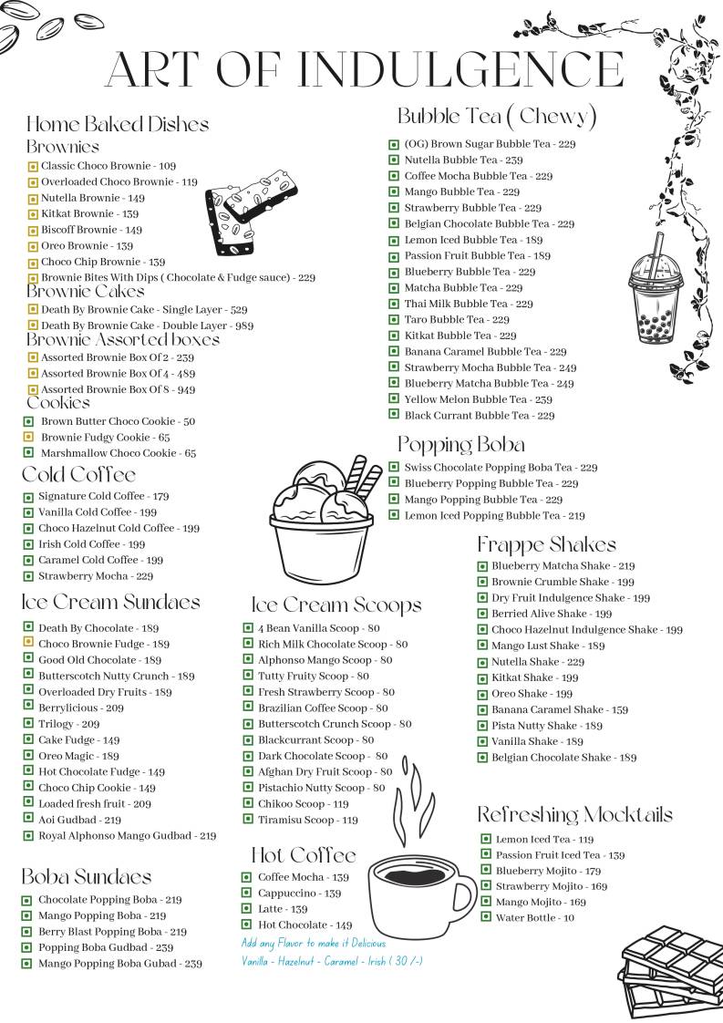 Art Of Indulgence - A Cafe menu