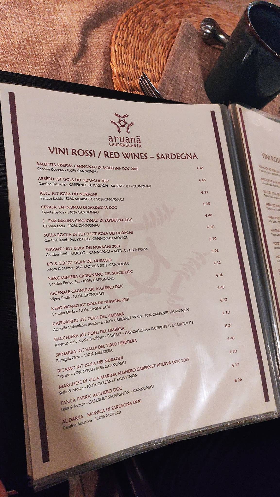 Menu di Aruanà Churrascaria Poltu Quatu Porto Cervo 