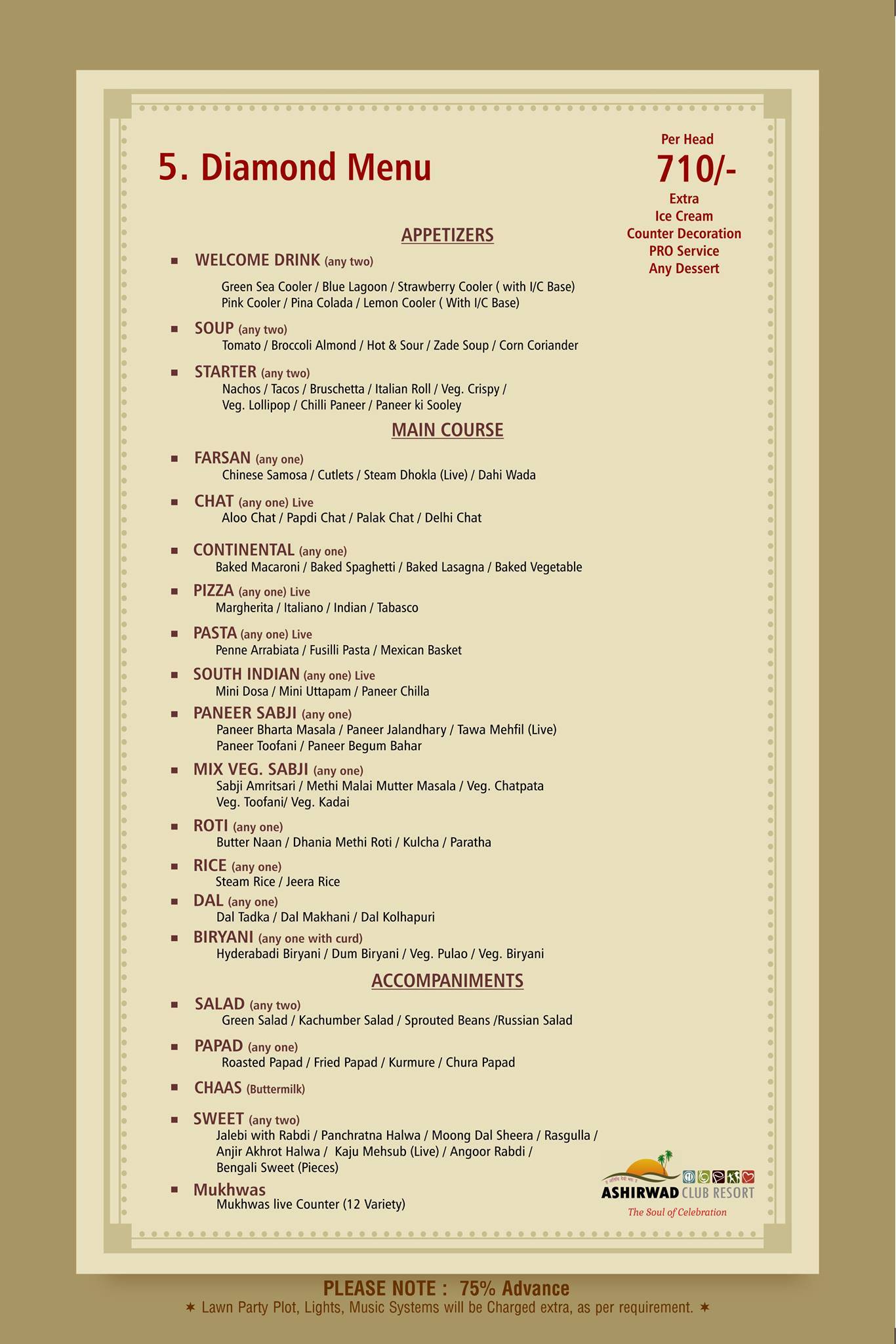 Ashirwad Club Resort menu