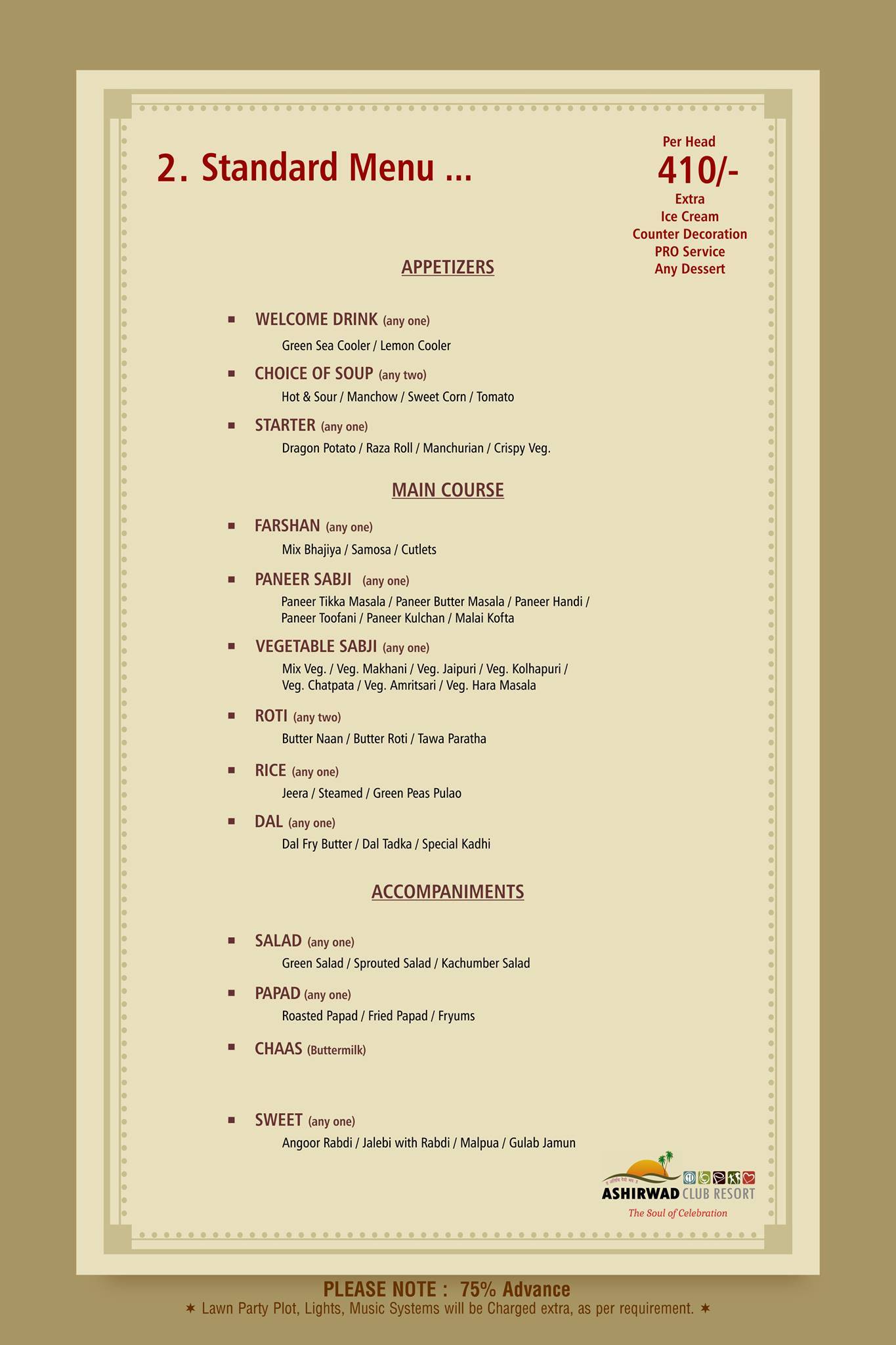 Ashirwad Club Resort menu
