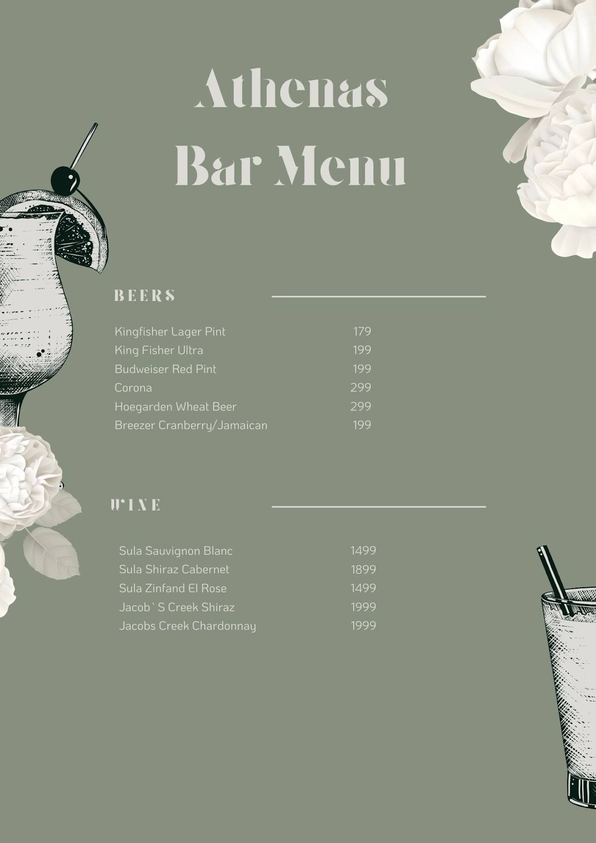 Athenas Kitchen and Bar menu