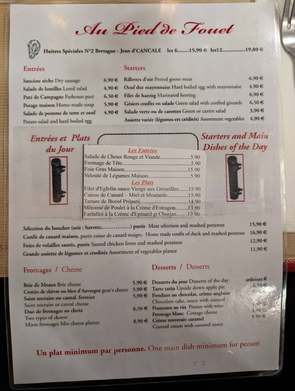 Menu de Au Pied de Fouet