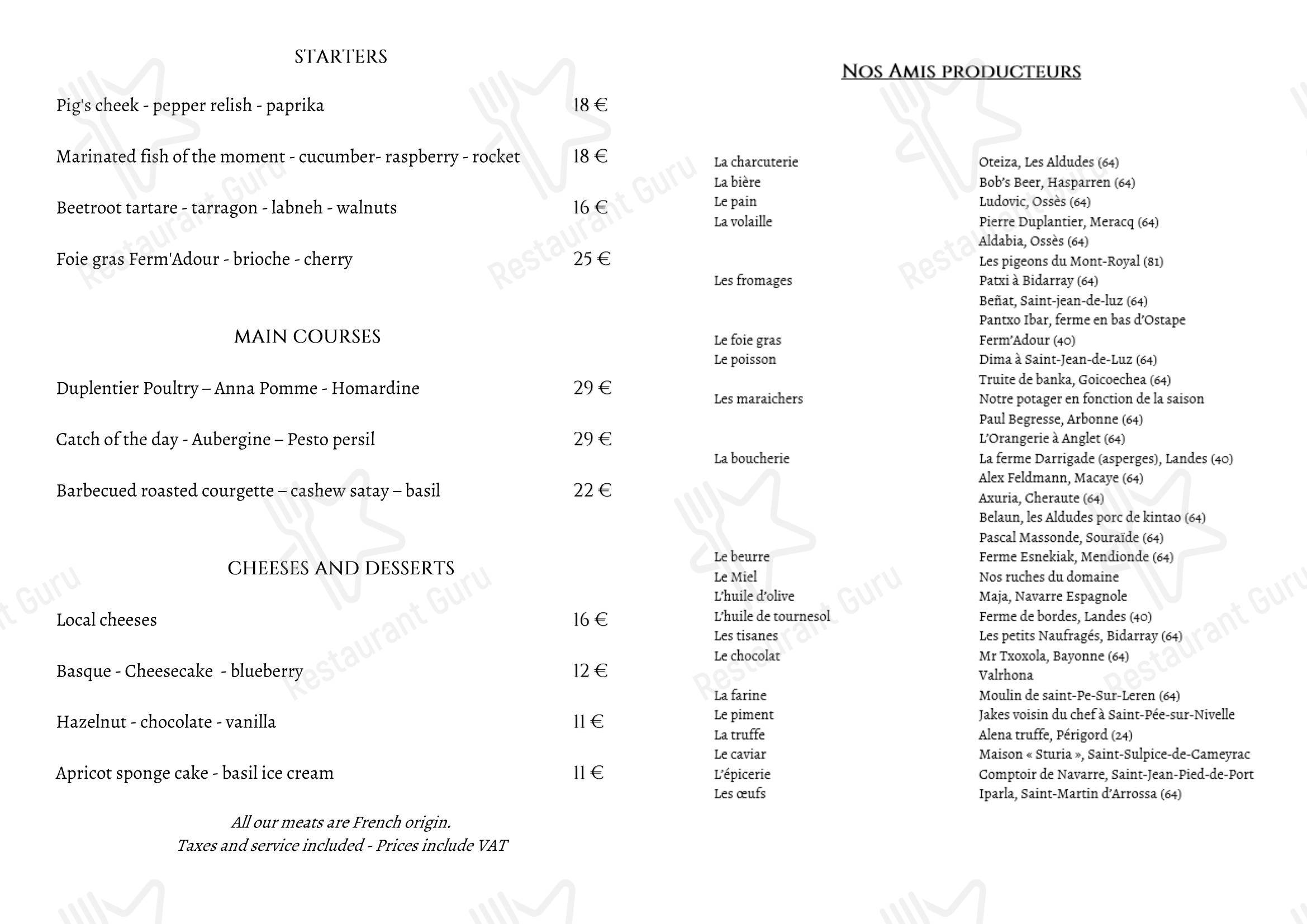 Menu pour Restaurant Auberge Ostape - Menu bar