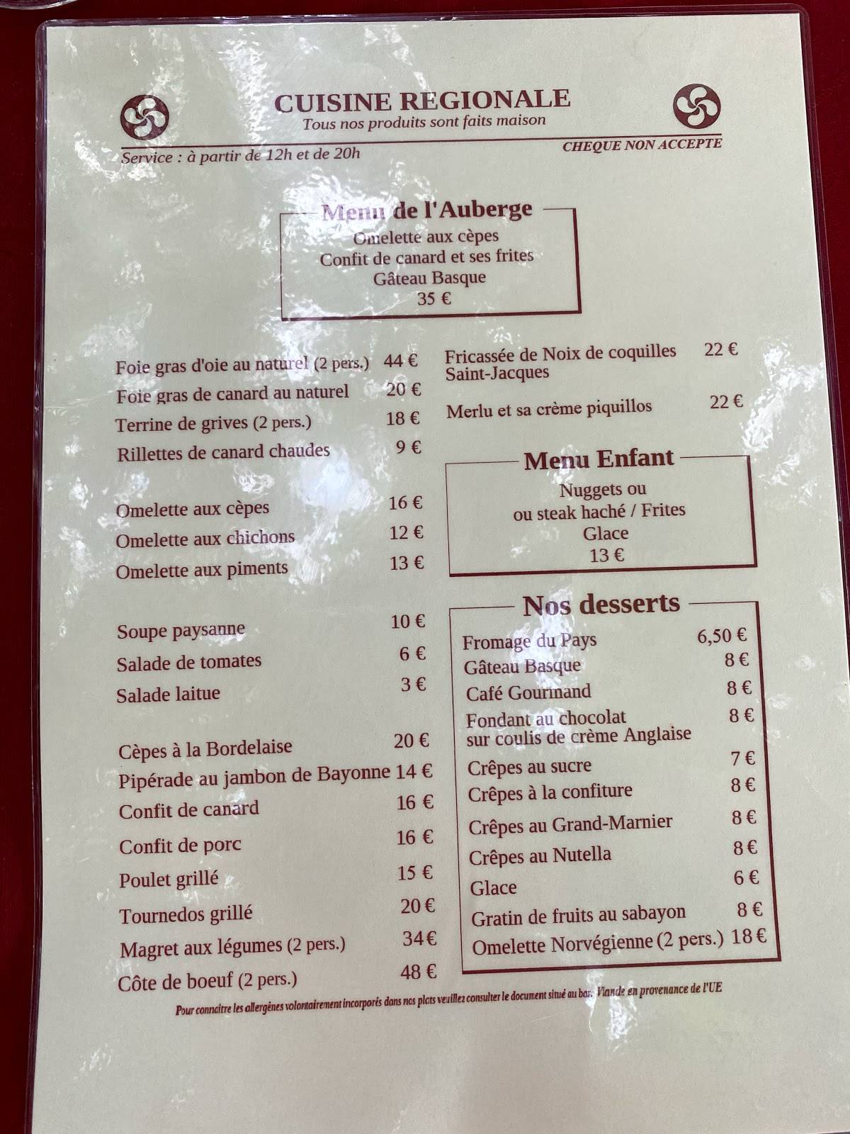 Menu at Auberge dAchtal restaurant, Arcangues, Place du Fronton