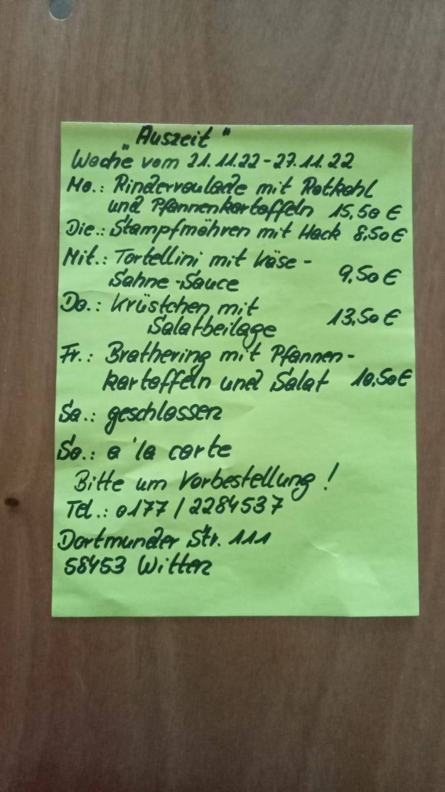 Speisekarte von Auszeit am Tennisplatz restaurant, Witten