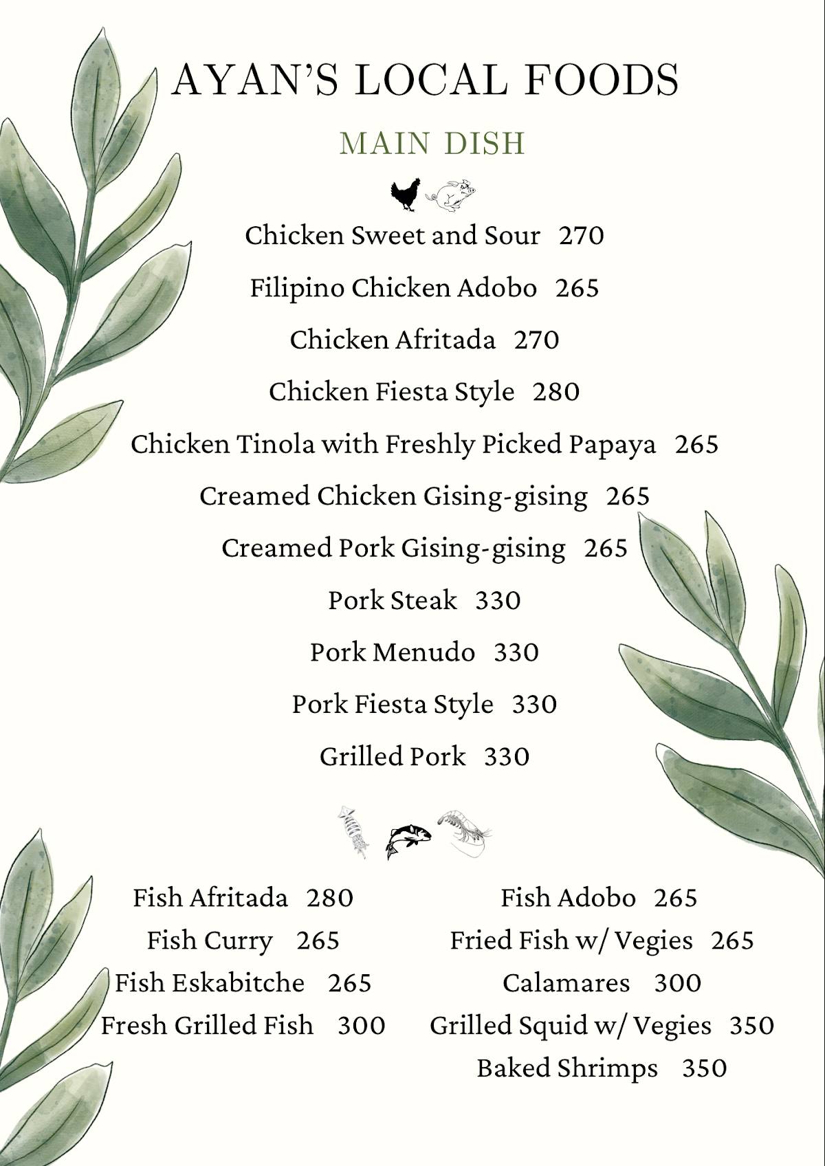 Menu at Ayans Local Food restaurant, Larena, Barangay Road