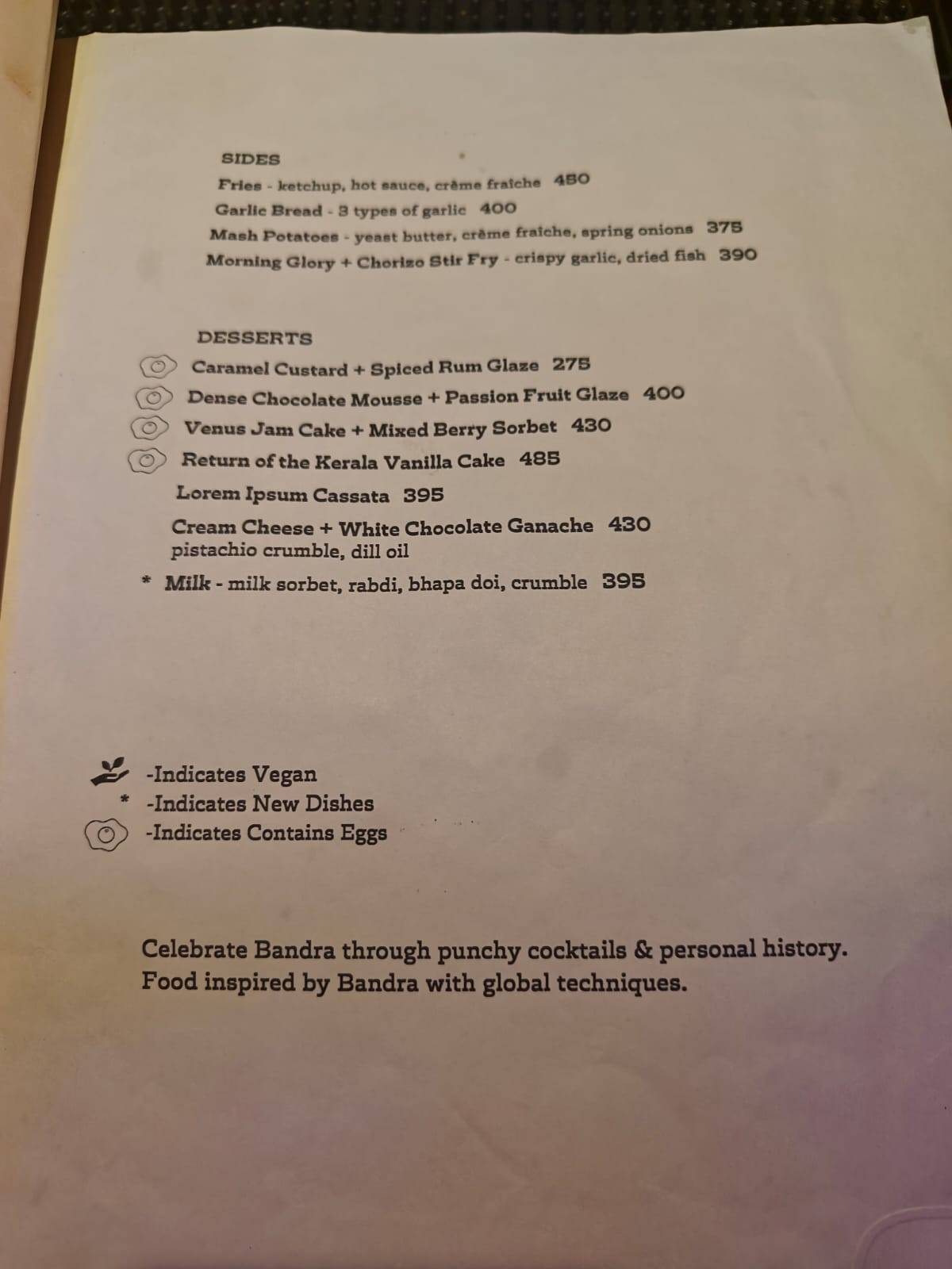 BANDRA BORN menu