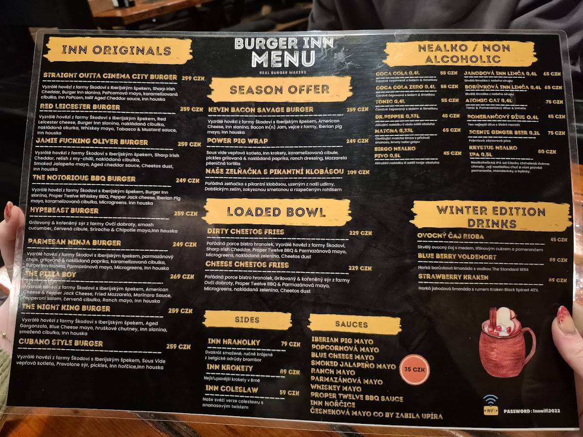 Menu at BURGER INN restaurant, Brno