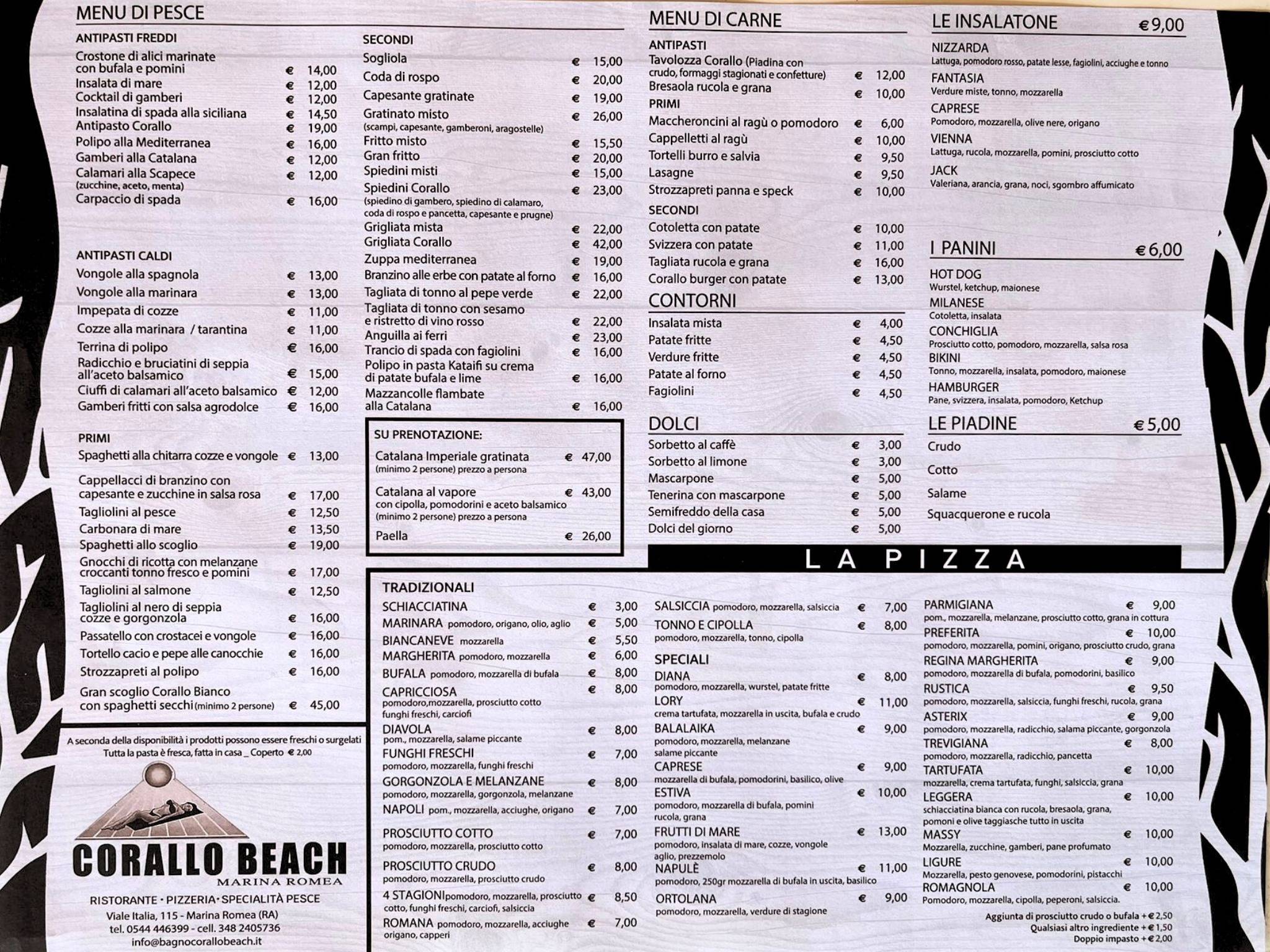 Menu di Bagno Corallo Beach 