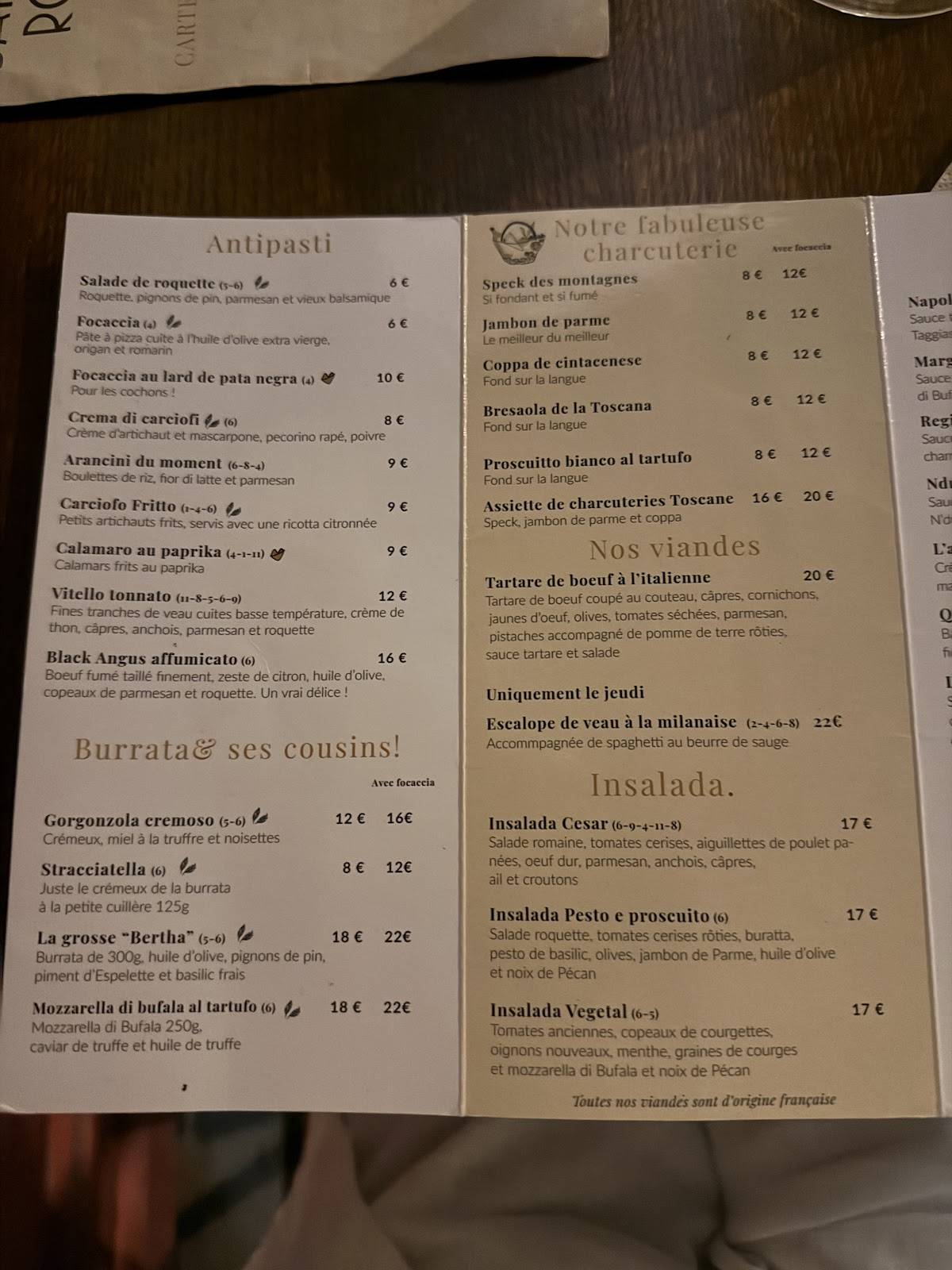 Menu de Bambino Rocco restaurant italien Montpellier