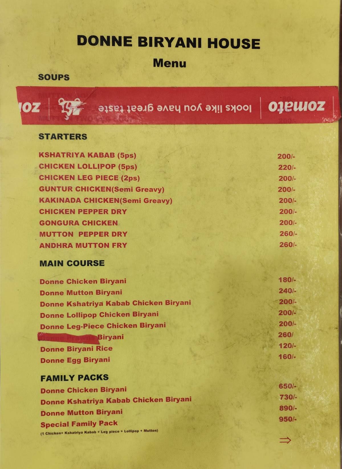 Bangalore Donne Biryani House menu