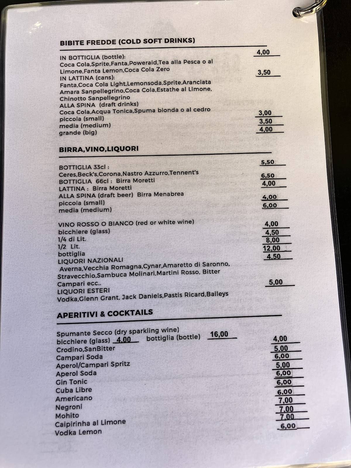 Menu di Bar El Salvador Pisa 