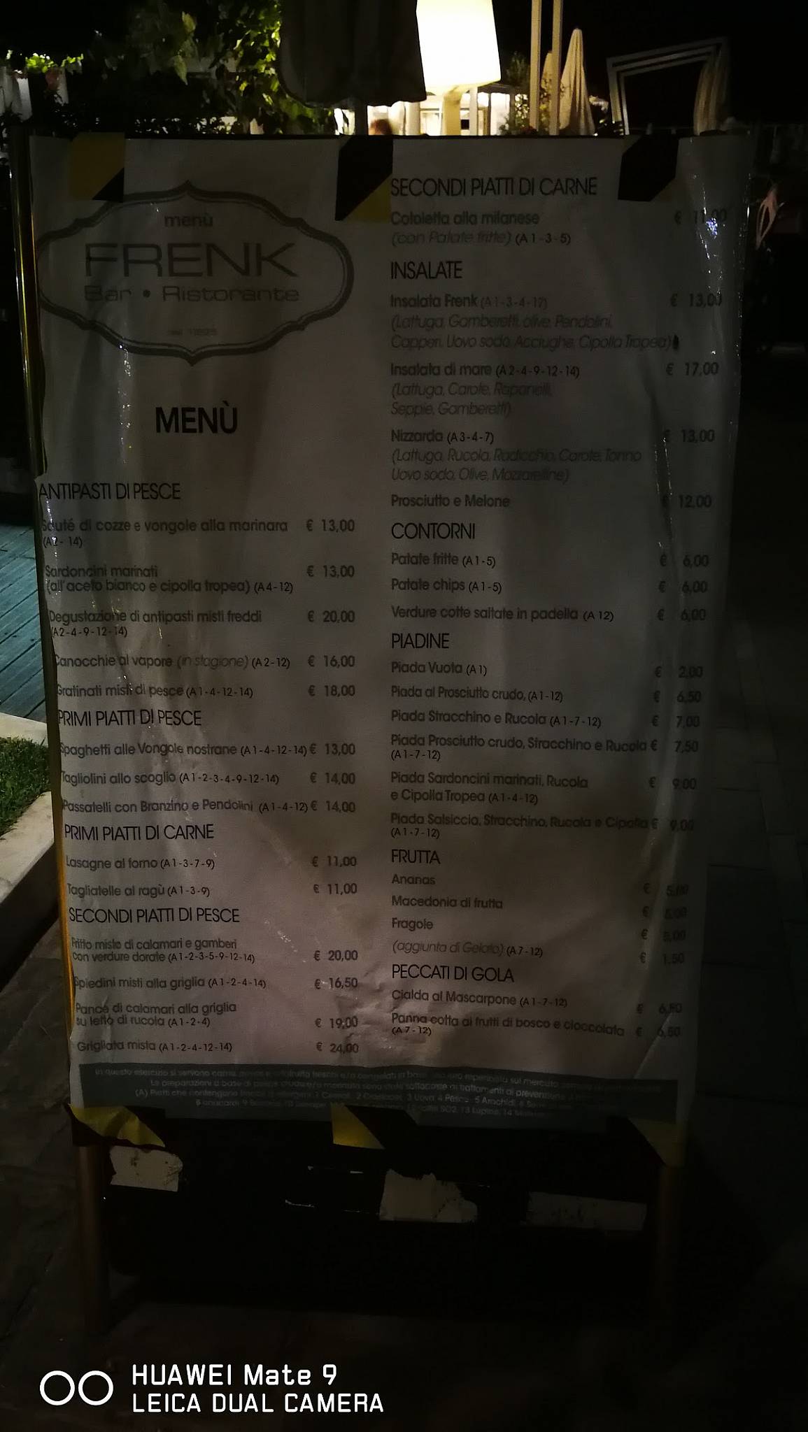 Menu di Bar Ristorante Frenk 