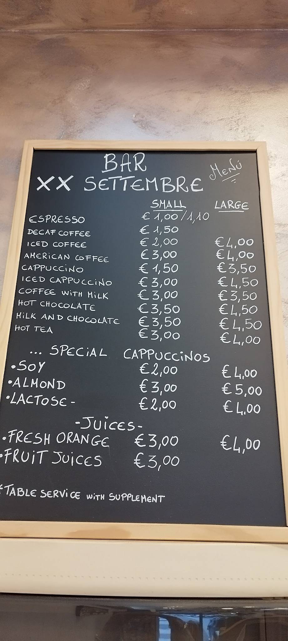 Menu di Bar xx Settembre - Via Venti Settembre 