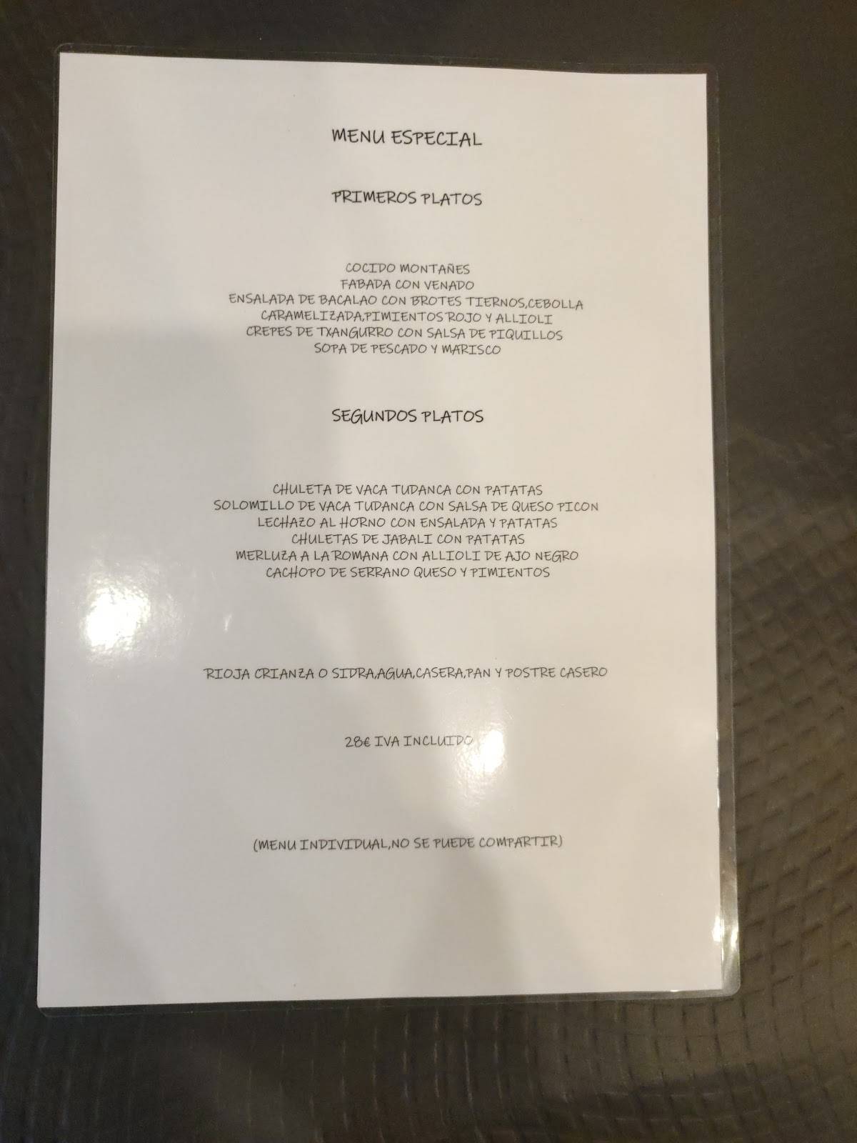 Carta de RESTAURANTE LA SOLANA DE BARCENA MAYOR, Bárcena Mayor