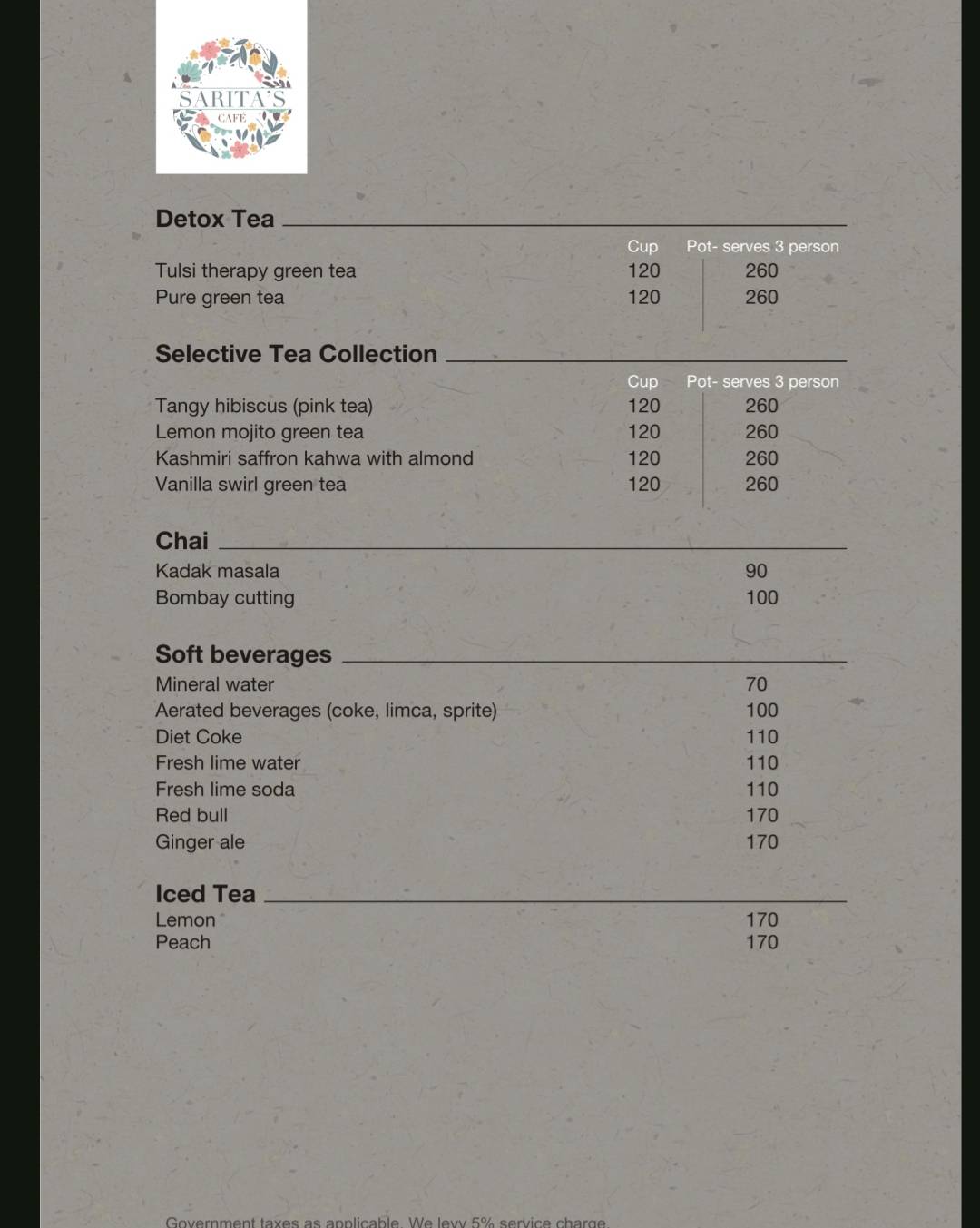 Sarita's Cafe menu