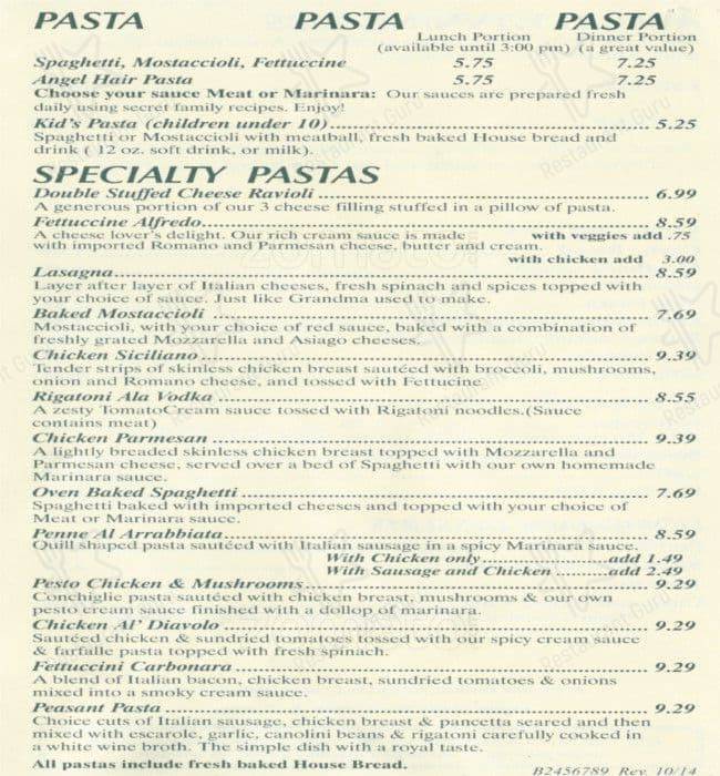 Barnelli's Pasta Bowl menu