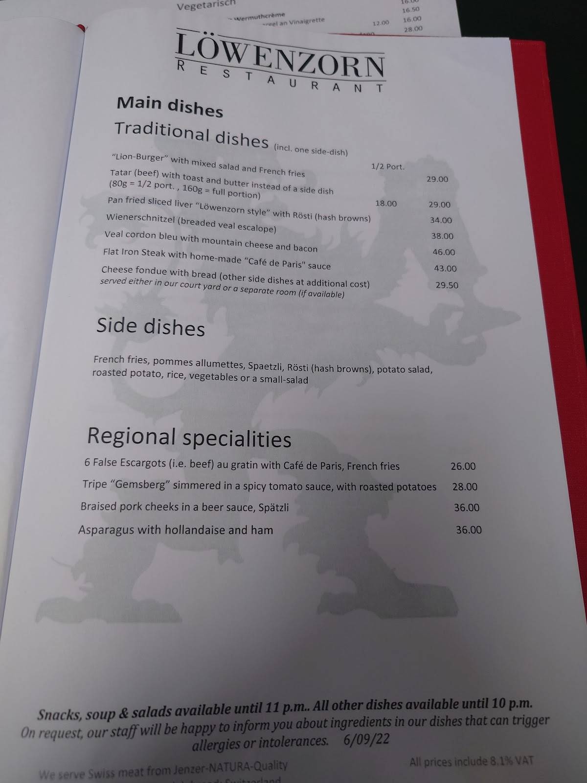 Menu di Restaurant Löwenzorn 