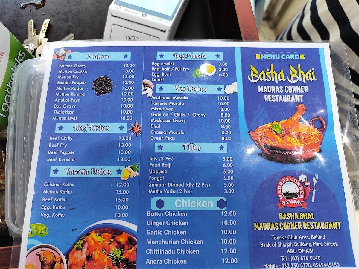 Basha Bhai MADRAS CORNER RESTAURANT menu