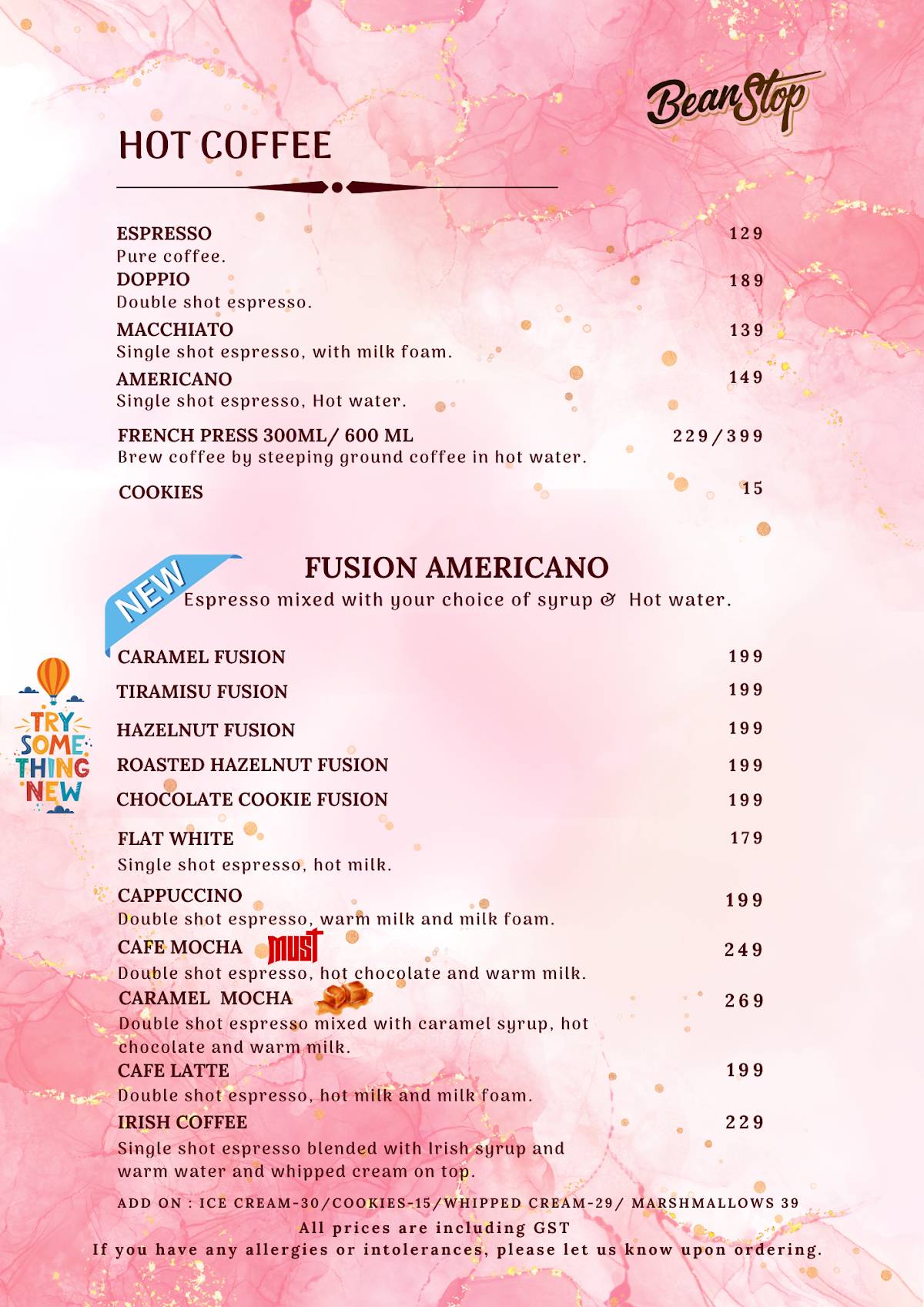 Bean Stop menu