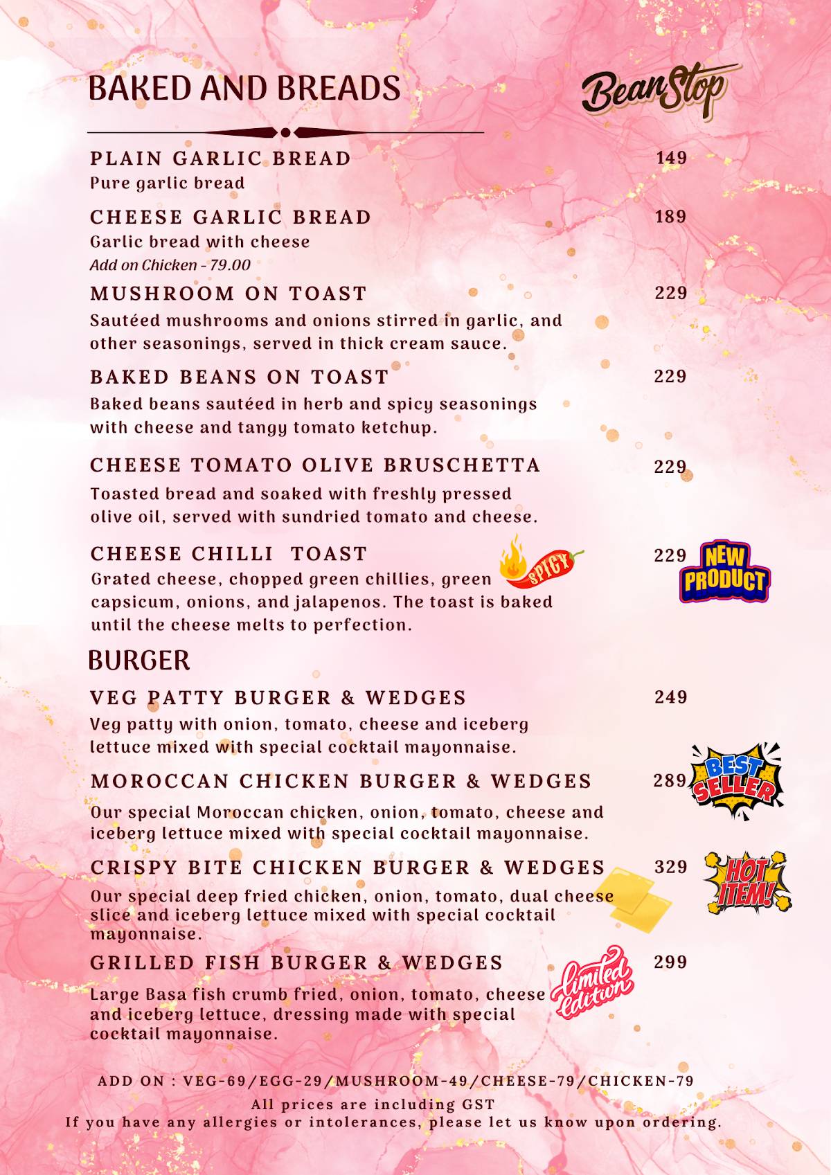Bean Stop menu