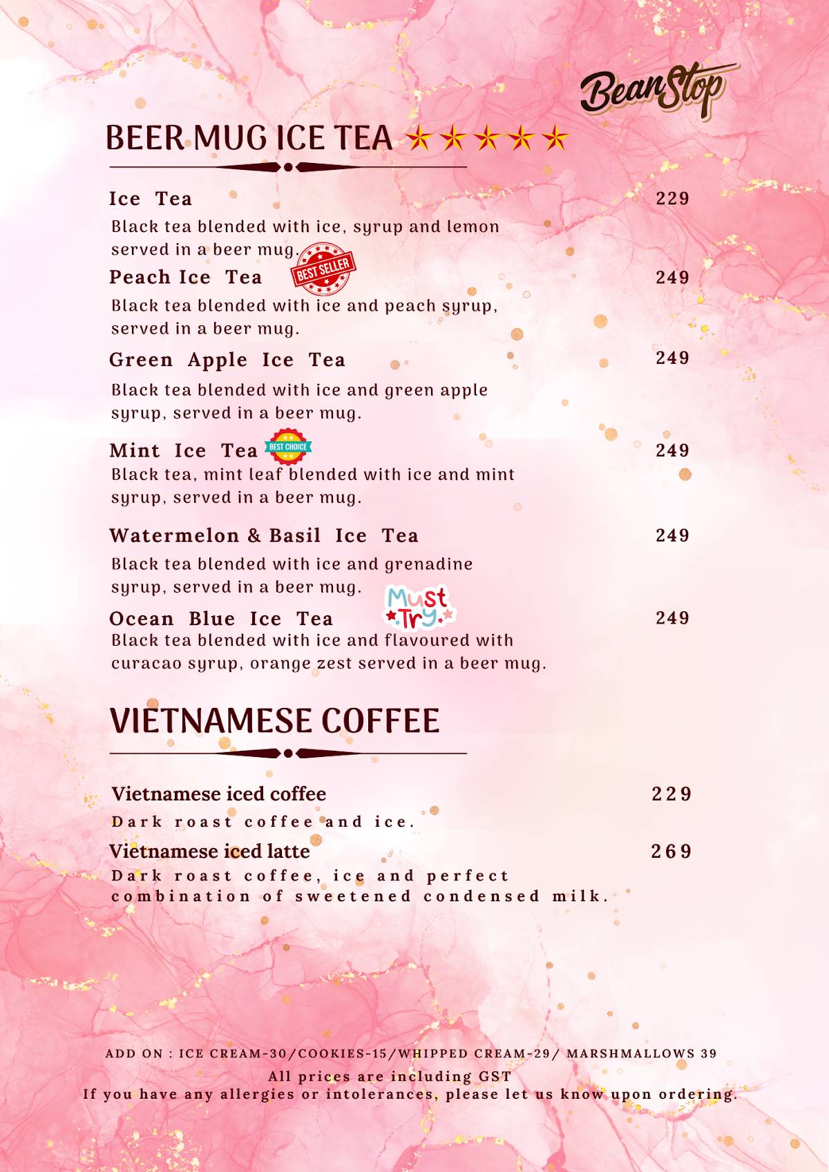 Bean Stop menu