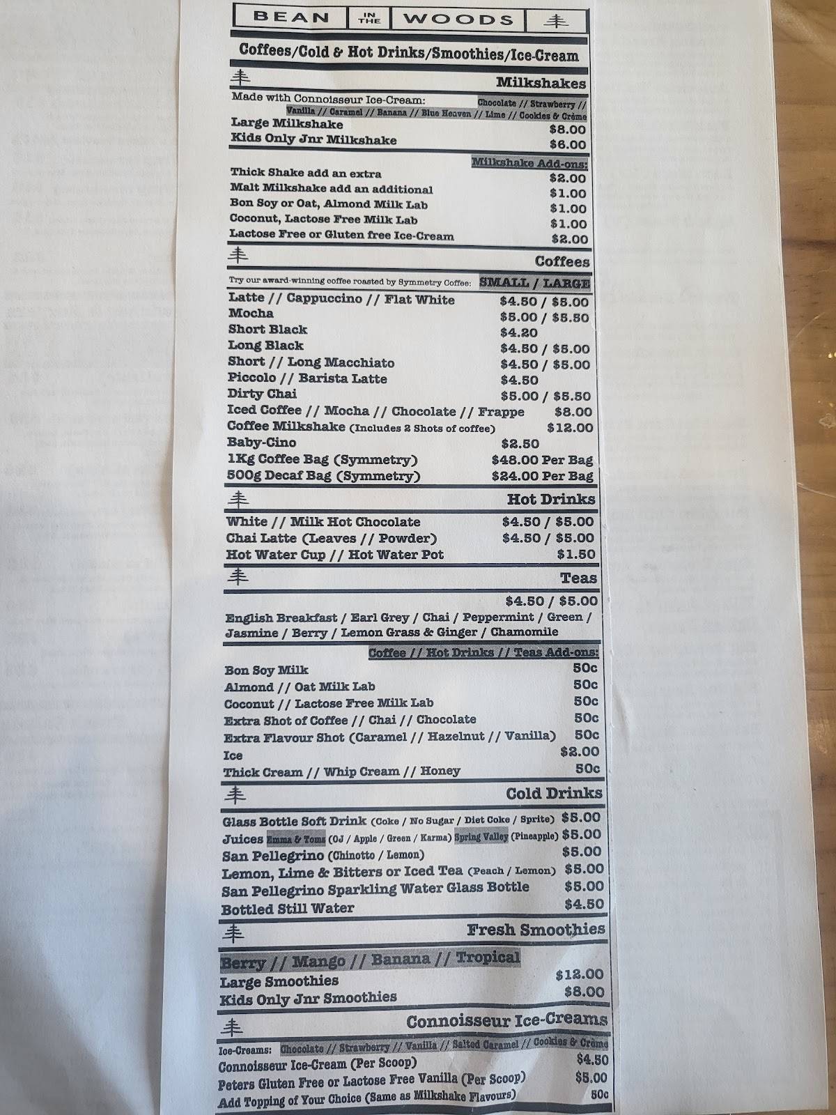 Menu at Bean in the Woods cafe, Ringwood