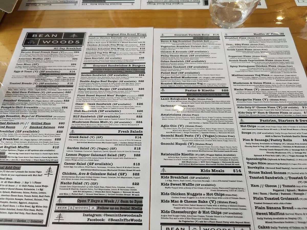 Menu at Bean in the Woods cafe, Ringwood