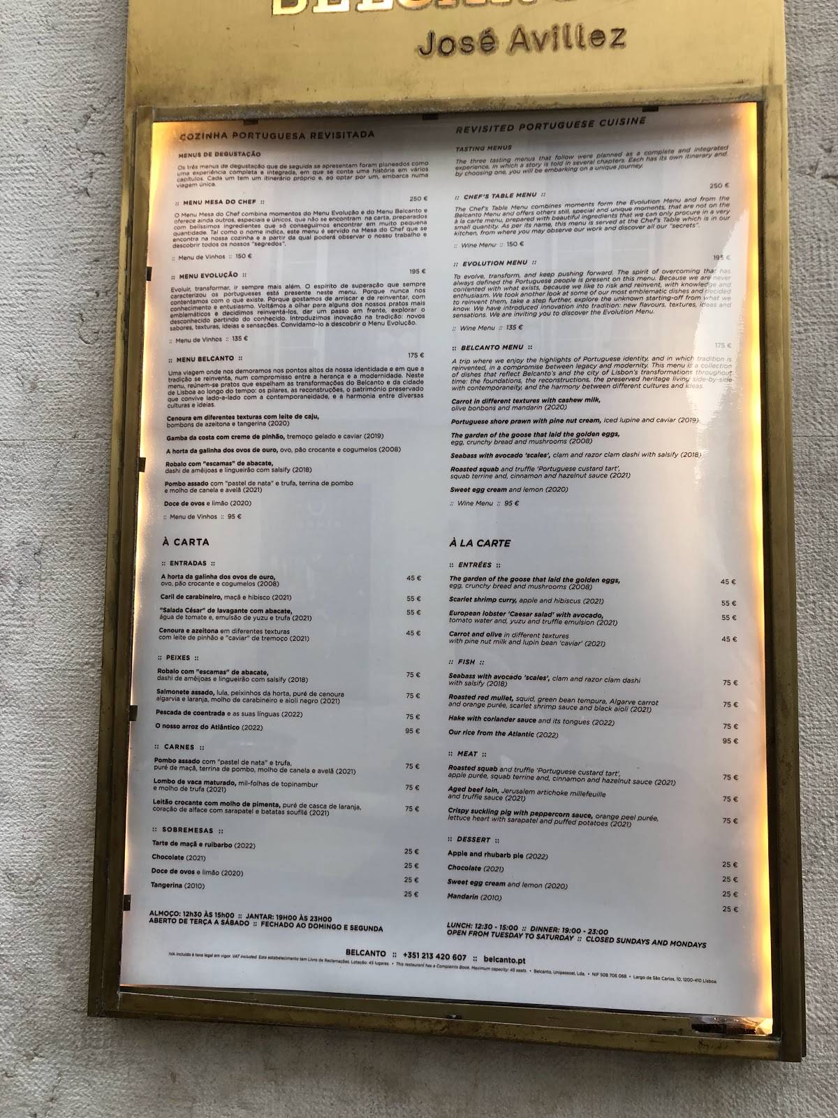 Menu at Belcanto restaurant, Lisbon, R. Serpa Pinto 10A