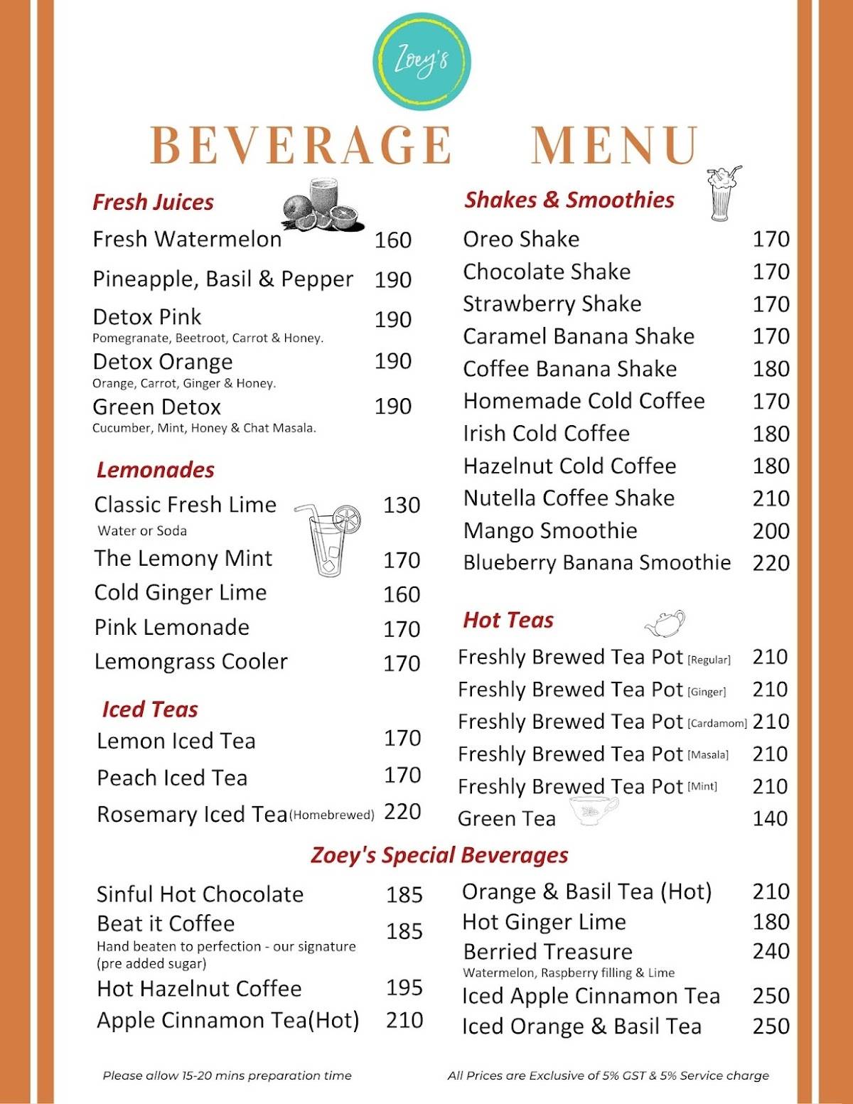 Zoey's: Good Vibes Only menu