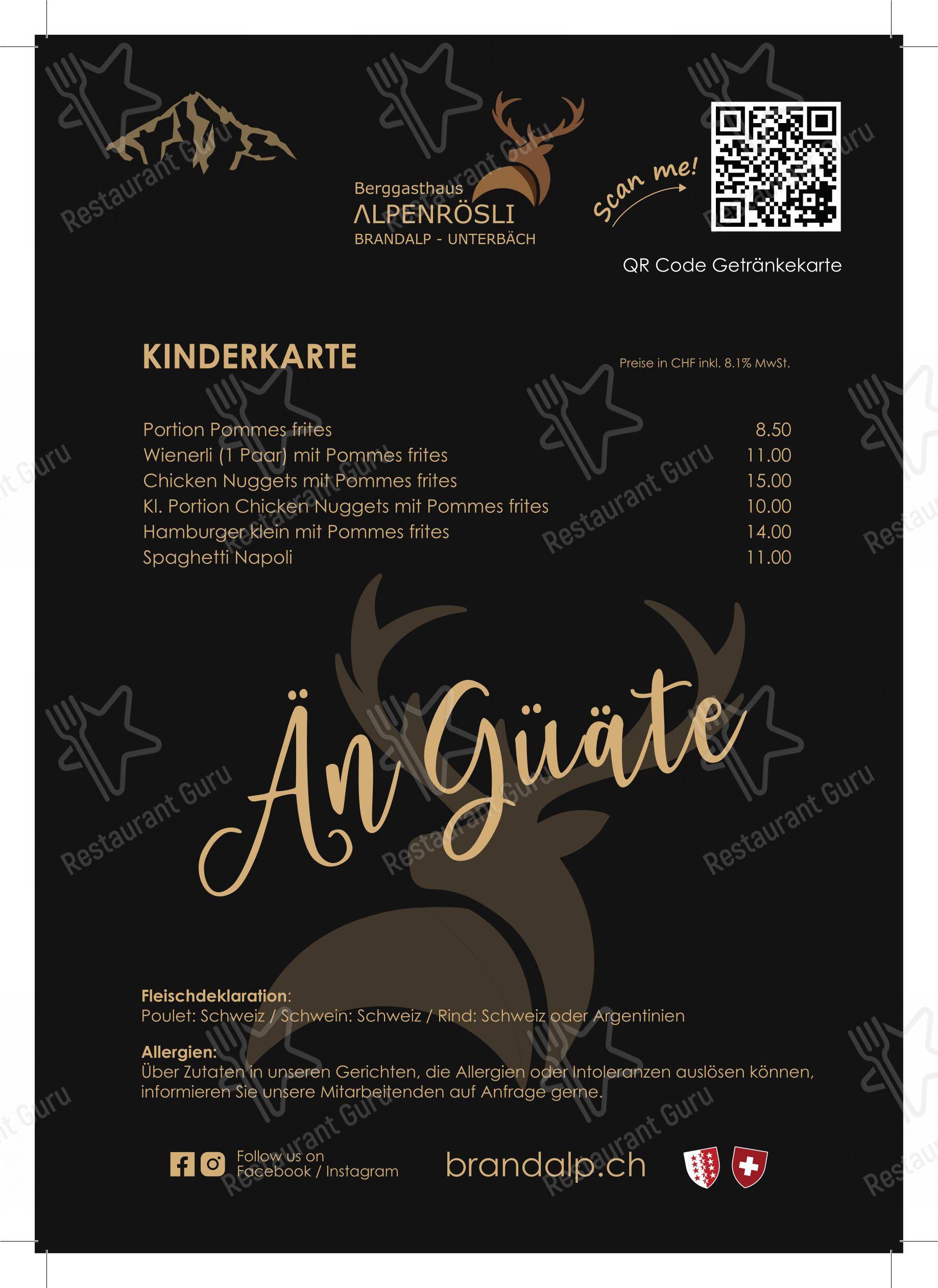 菜单 per Berggasthaus Alpenrösli in Unterbäch