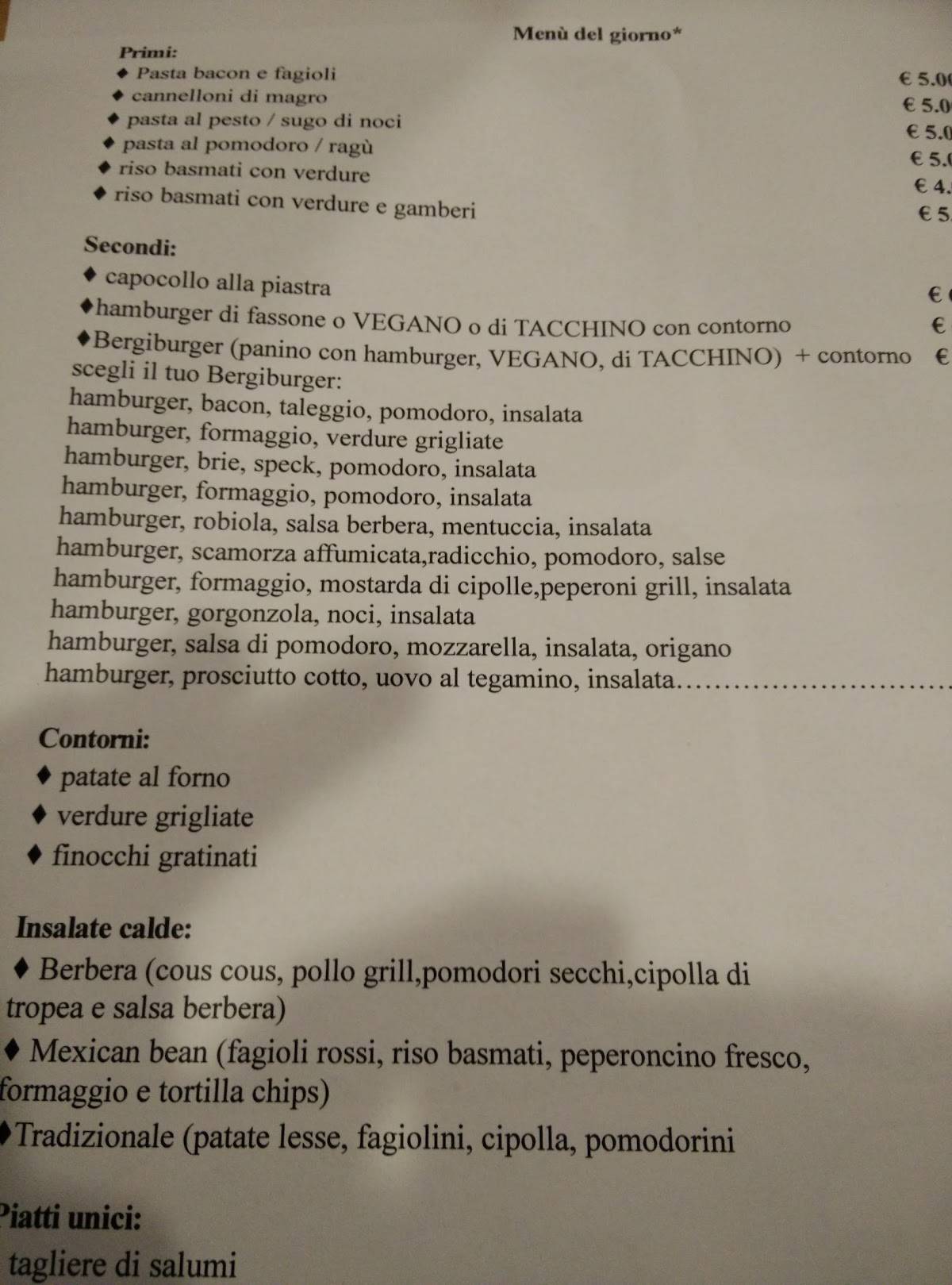 Menu di Bergi Bar 