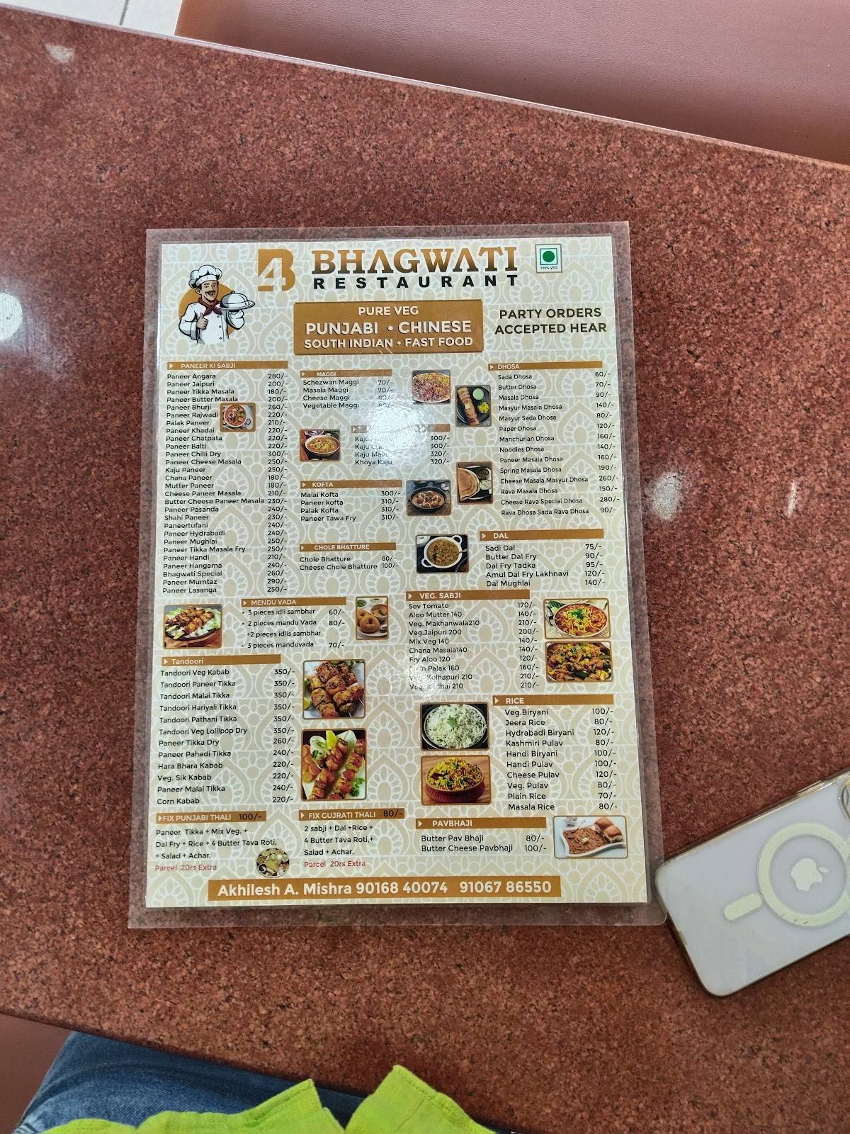 Bhagwati restaurant Punjabi Restaurant In Alkapuri/South Indian Restaurant In Alkapuri/Fast Food Restaurant In Alkapuri menu