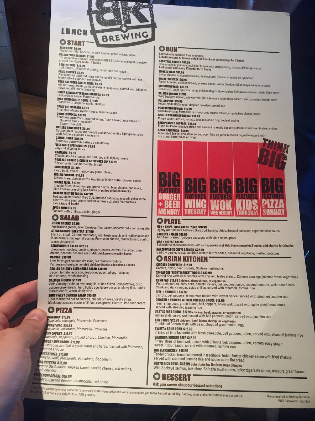 Menu at Big Ridge Brewing Co. pub & bar, Surrey