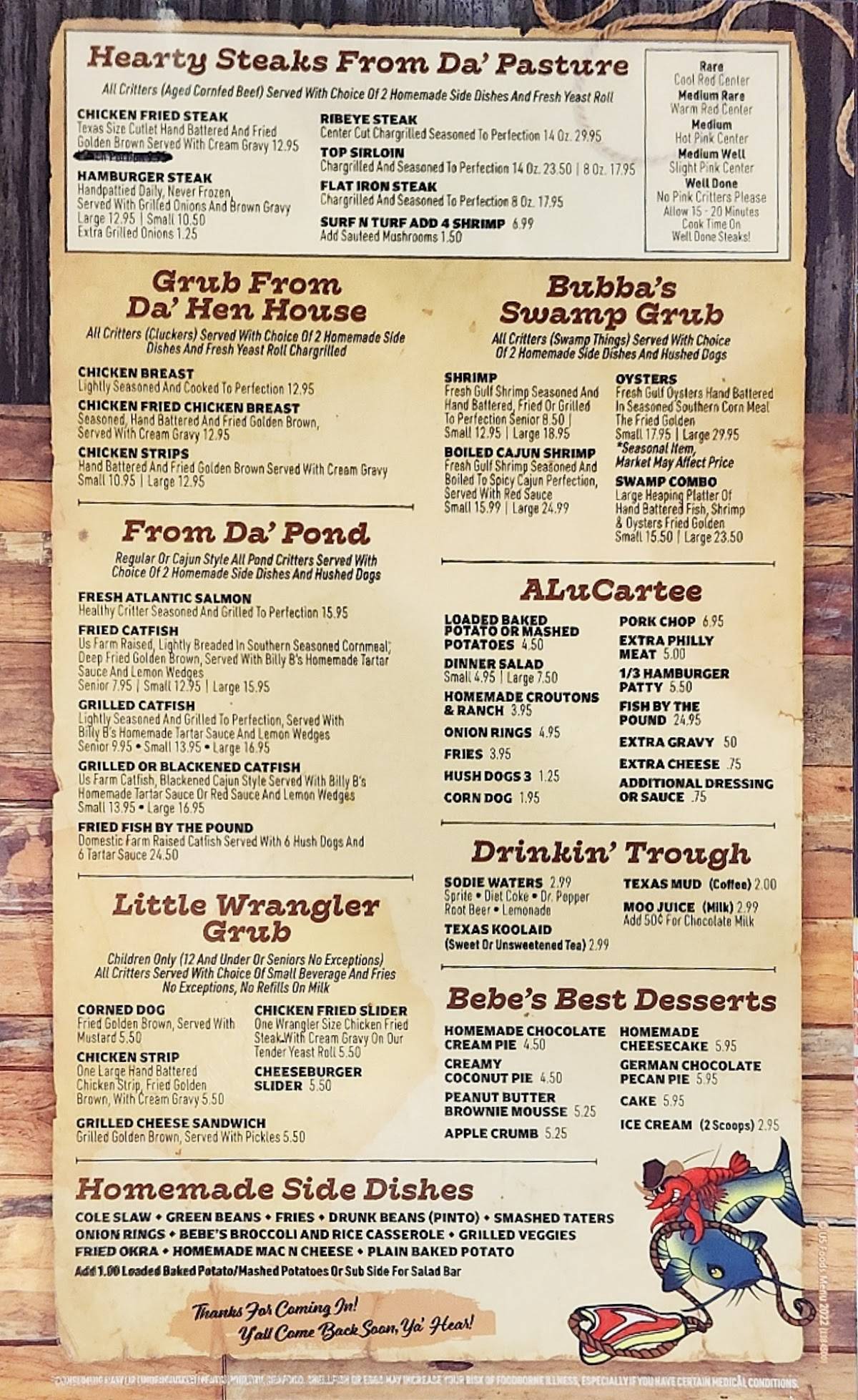 Menu At Billy B's Sale Barn Cafe, Groesbeck, TX-164