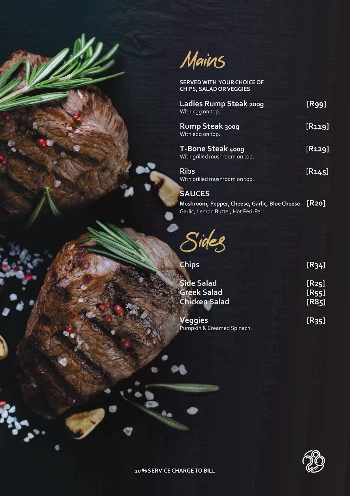 Menu at 28 restaurant, Bloemfontein