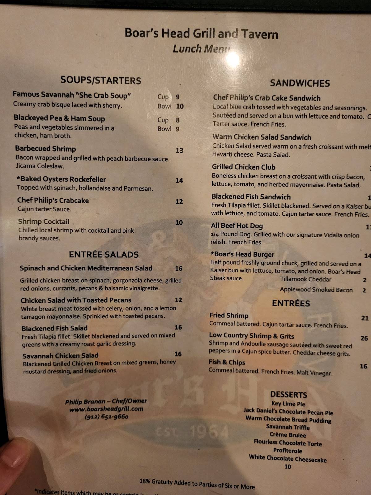 Menu at Boar's Head Grill & Tavern pub & bar, Savannah