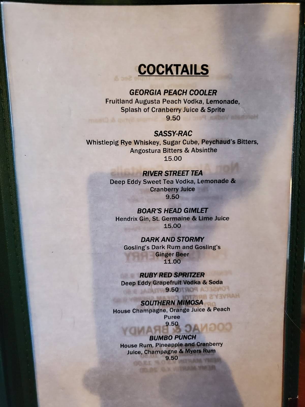 Menu at Boar's Head Grill & Tavern pub & bar, Savannah