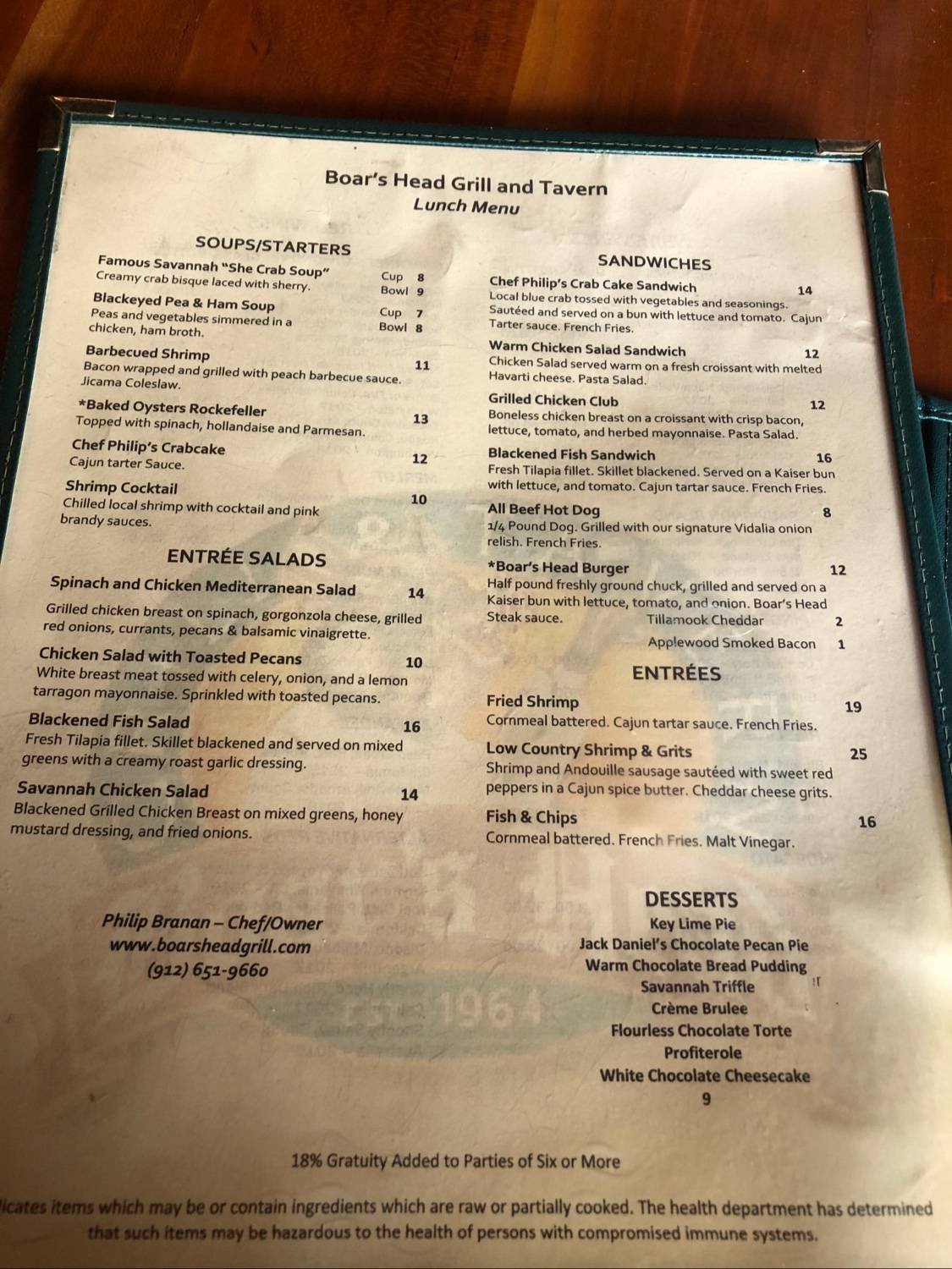 Menu at Boar's Head Grill & Tavern pub & bar, Savannah