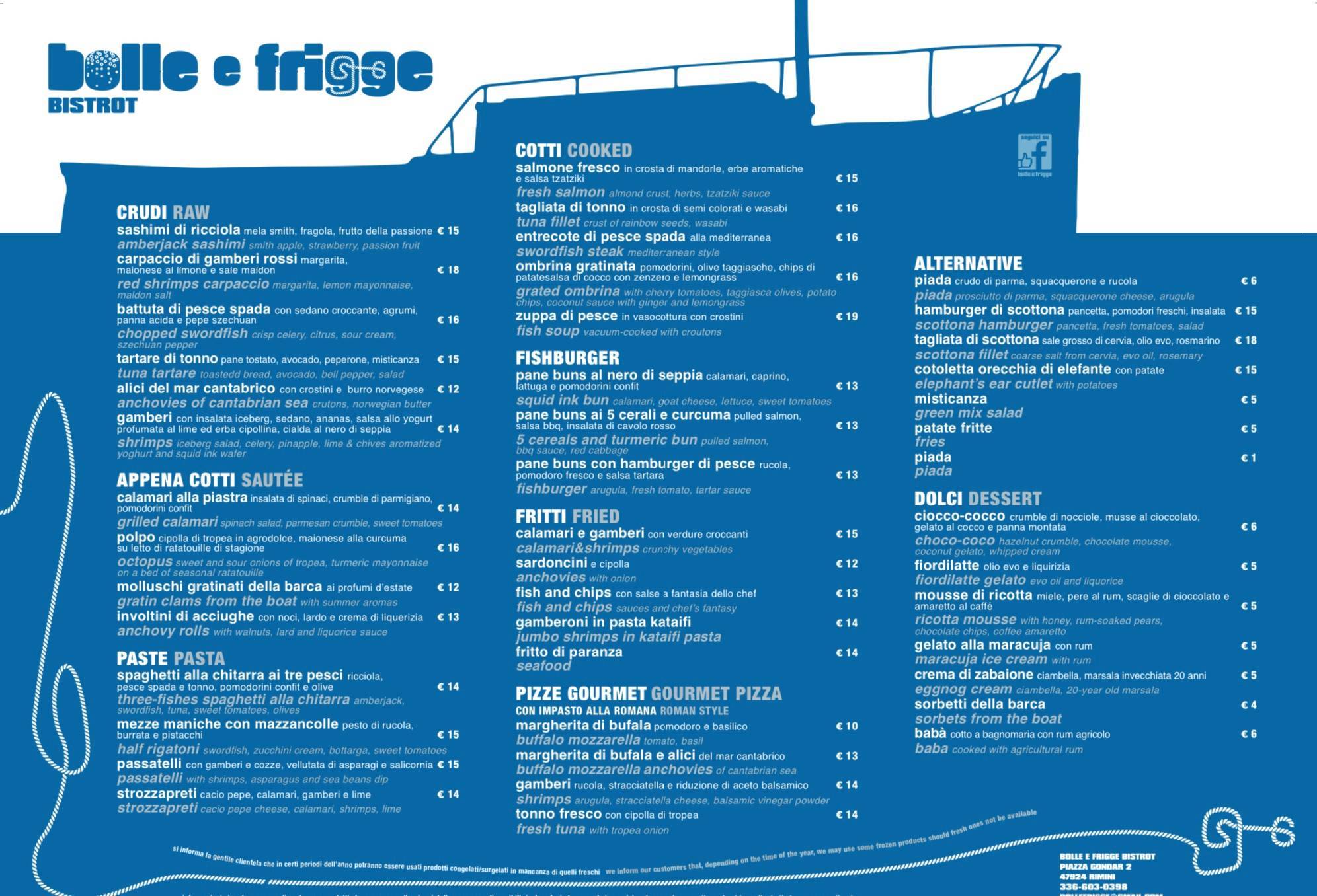 Menu di Bolle e Frigge bistrot 