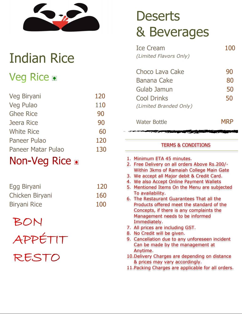 Bon Appetit Resto menu