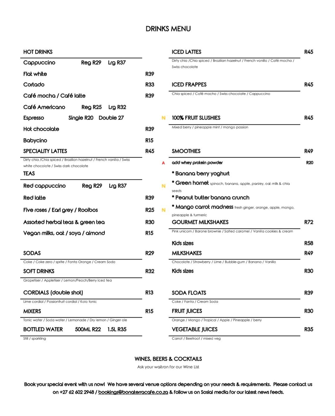 Menu at Bona Terra Cafe, Hillcrest