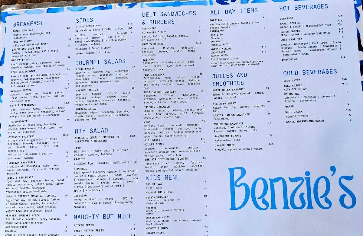 Menu at Benzie's Cafe, Botany