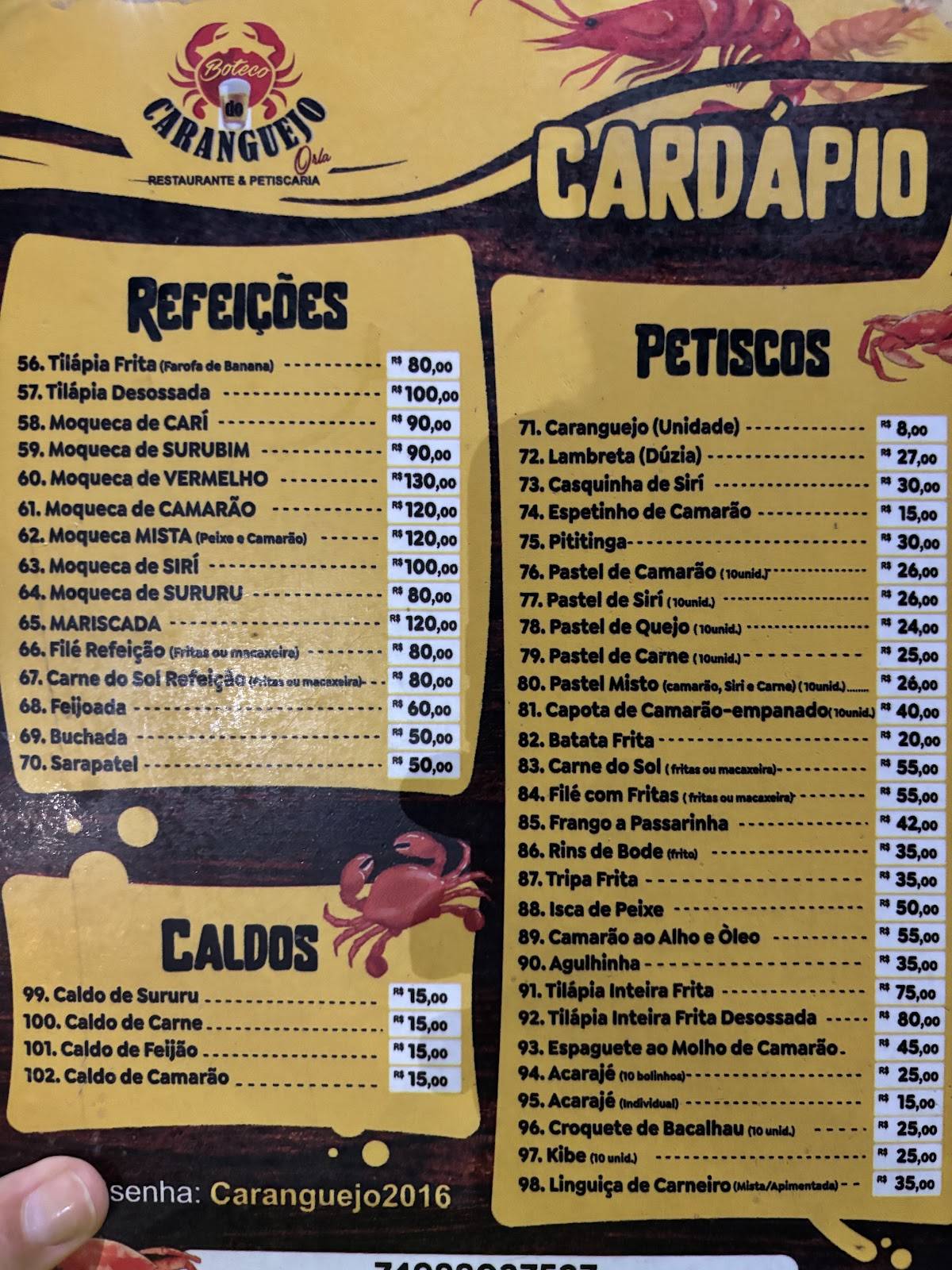 Boteco do Caranguejo de Juazeiro cardápio