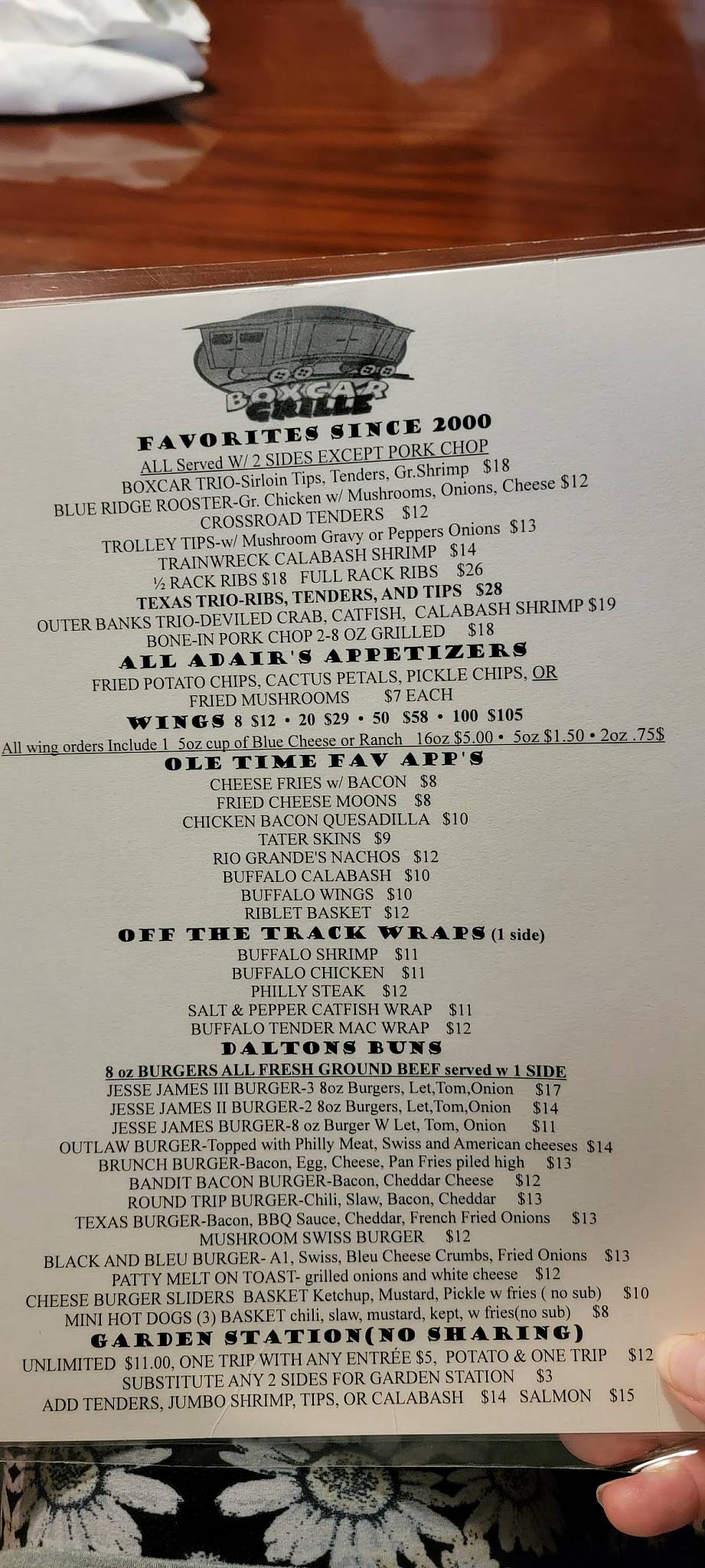 Menu at Boxcar Grille restaurant, Statesville, Taylorsville Hwy